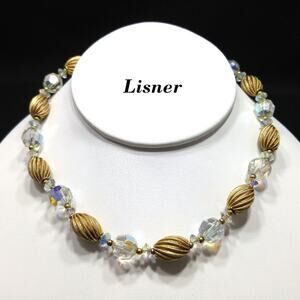 Lisner Aurora Borealis Crystal Beaded Necklace Gold Tone 1950s Vintage Jewelry